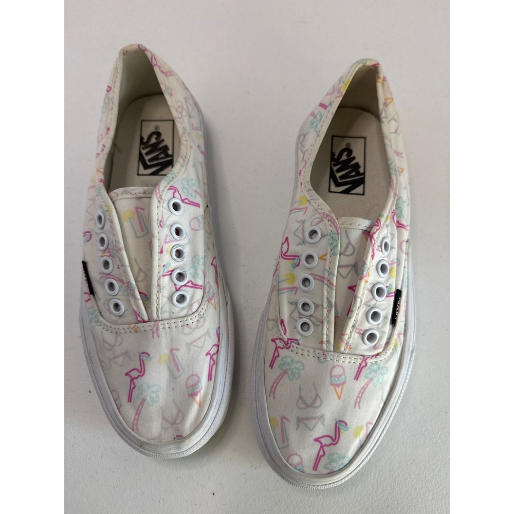 Vans Authentic Flamingo Palm Tree Summer Print Sneakers Womens 8.5 White